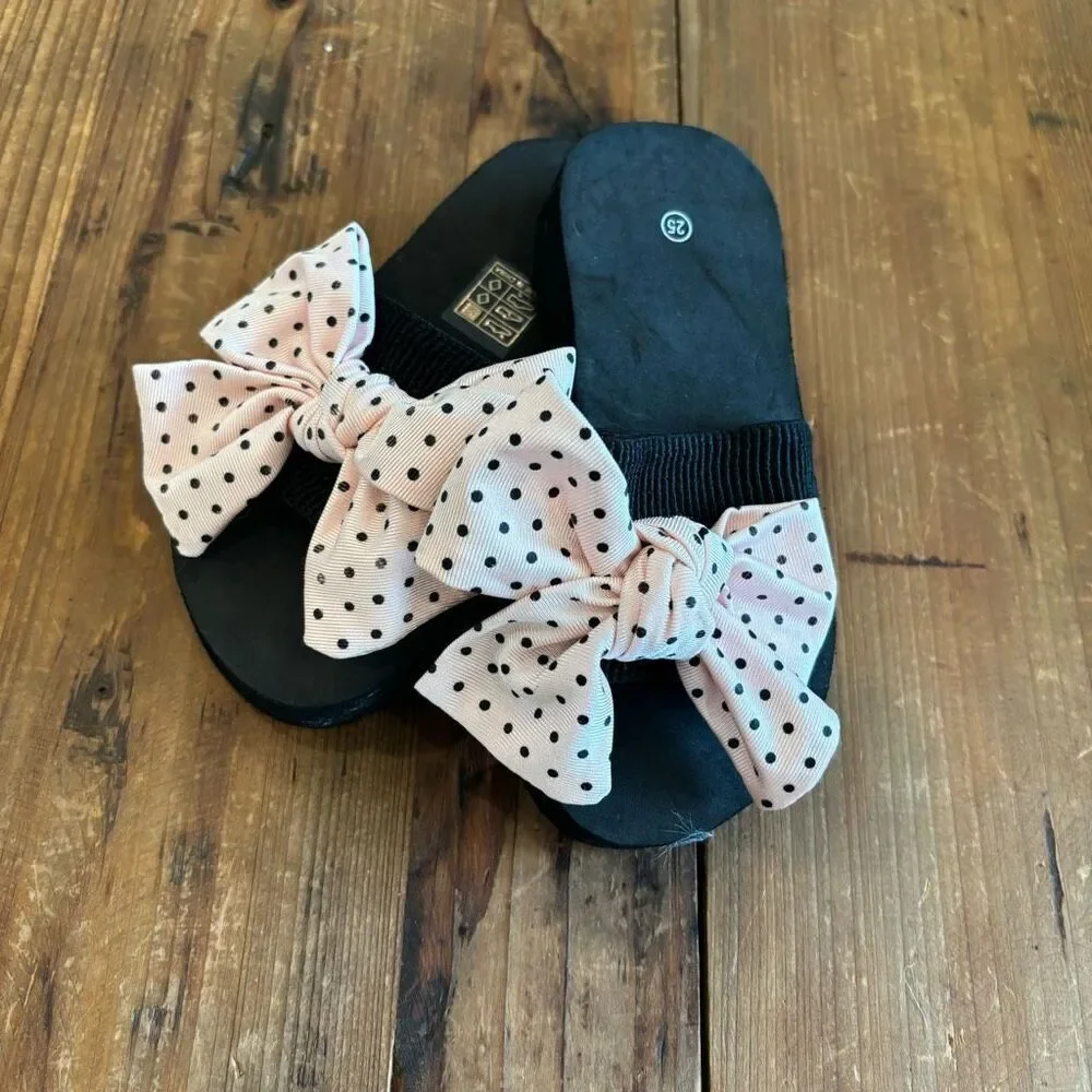 Girls Pink Polka Dot Bow Slide Sandals Size 9